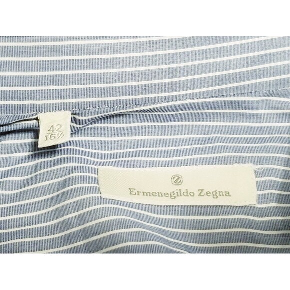 Ermenegildo Zegna Shirt Men's Size 42 16.5 Blue Vertical Stripe 100% Cotton - Picture 4 of 5